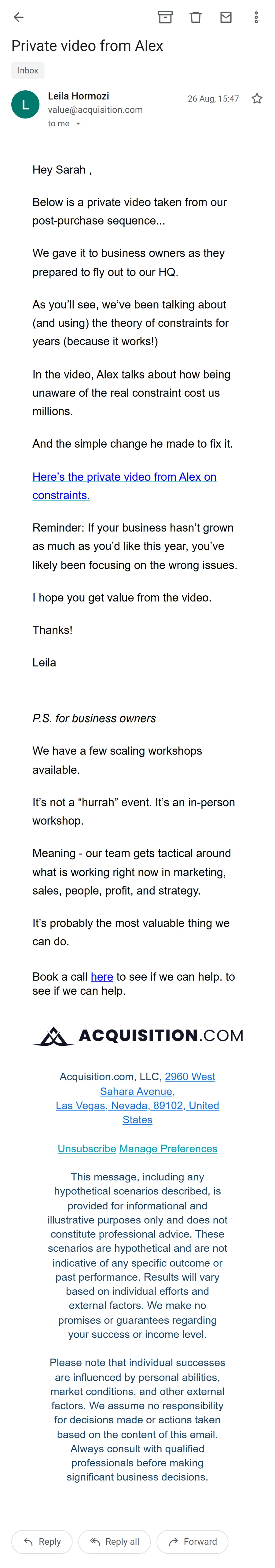 Acquisition.com — The workshop sequence — 8 emails in 19 days (screen 1)