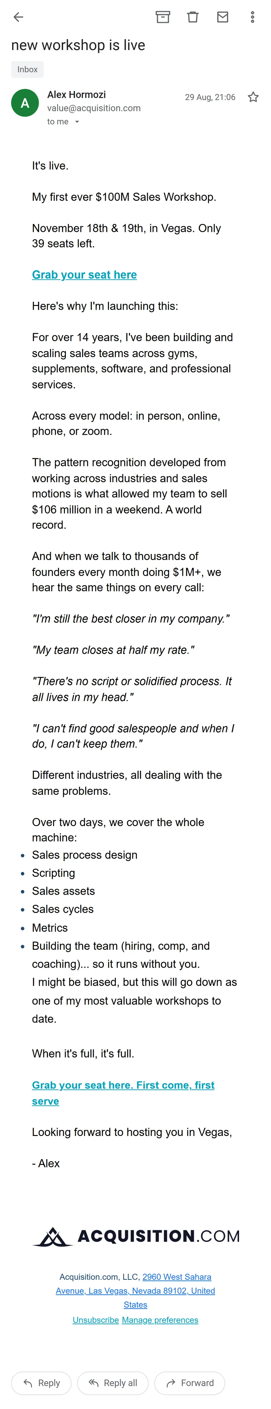 Acquisition.com — The workshop sequence — 8 emails in 19 days (screen 6)