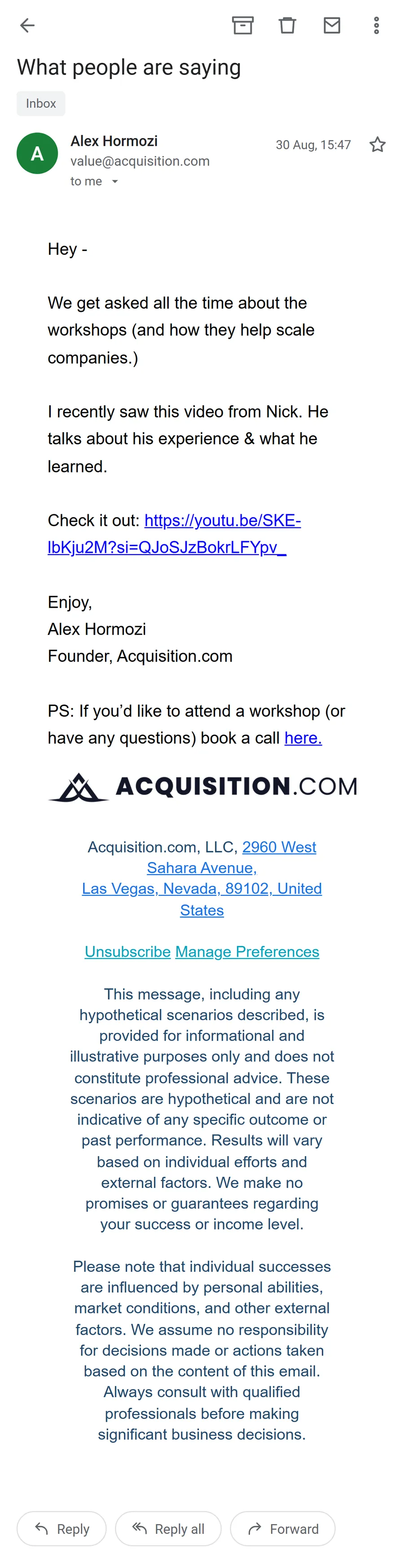 Acquisition.com — The workshop sequence — 8 emails in 19 days (screen 7)