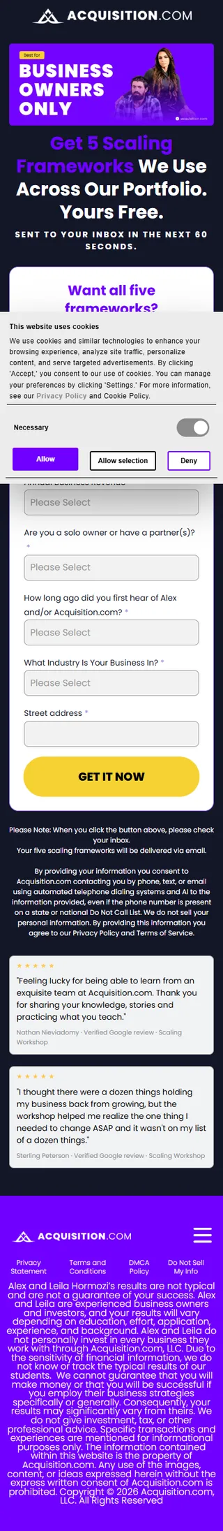 Acquisition.com — "5 Scaling Frameworks" lead form