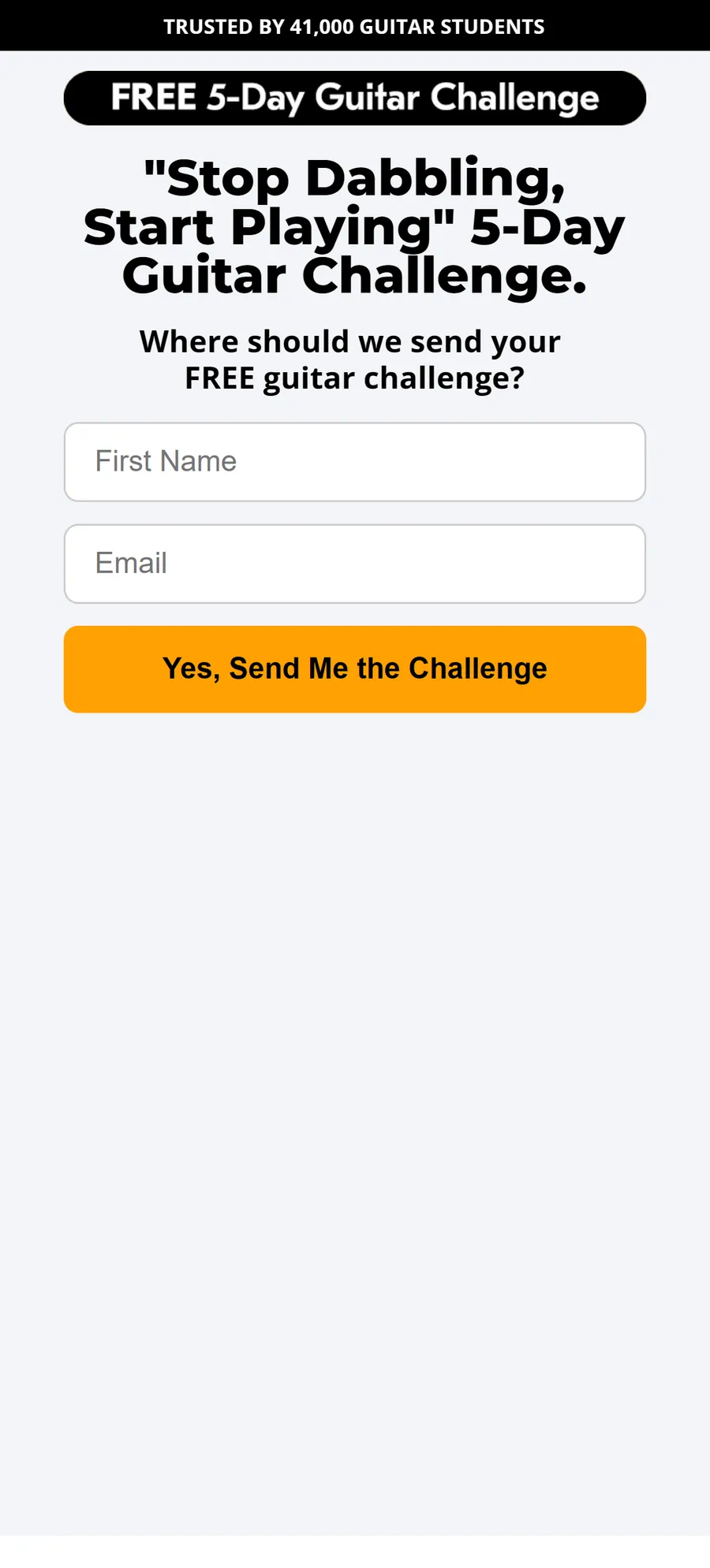 Tony's Acoustic Challenge — “Where should we send your FREE guitar challenge?” (mobile)