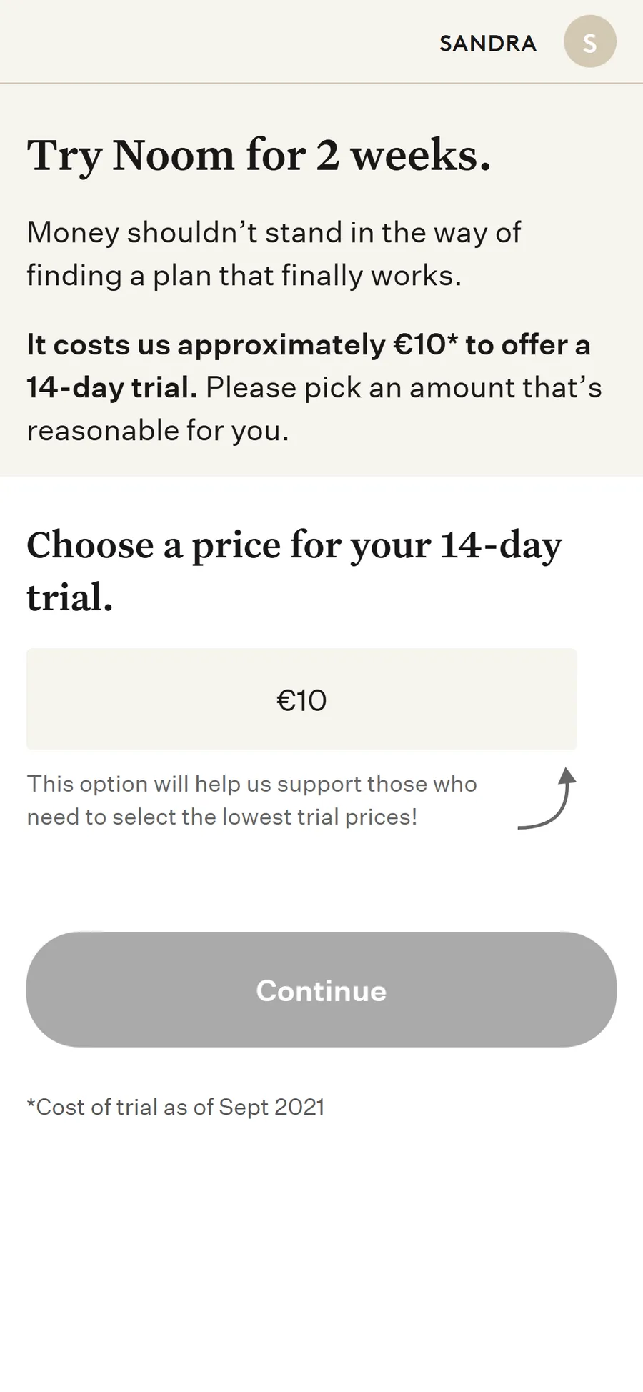 Noom — "Pick an amount that's reasonable for you" — one option, €10 (screen 1)
