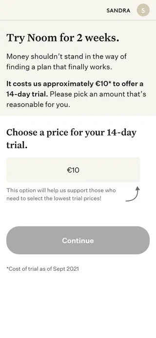 Noom — "Pick an amount that's reasonable for you" — one option, €10