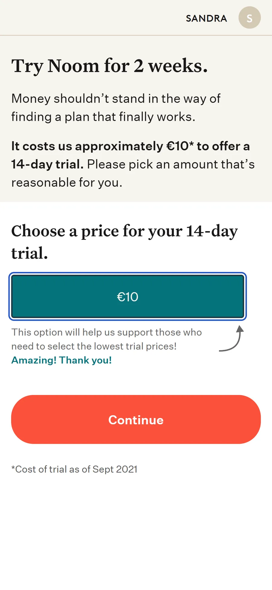 Noom — "Pick an amount that's reasonable for you" — one option, €10 (screen 2)