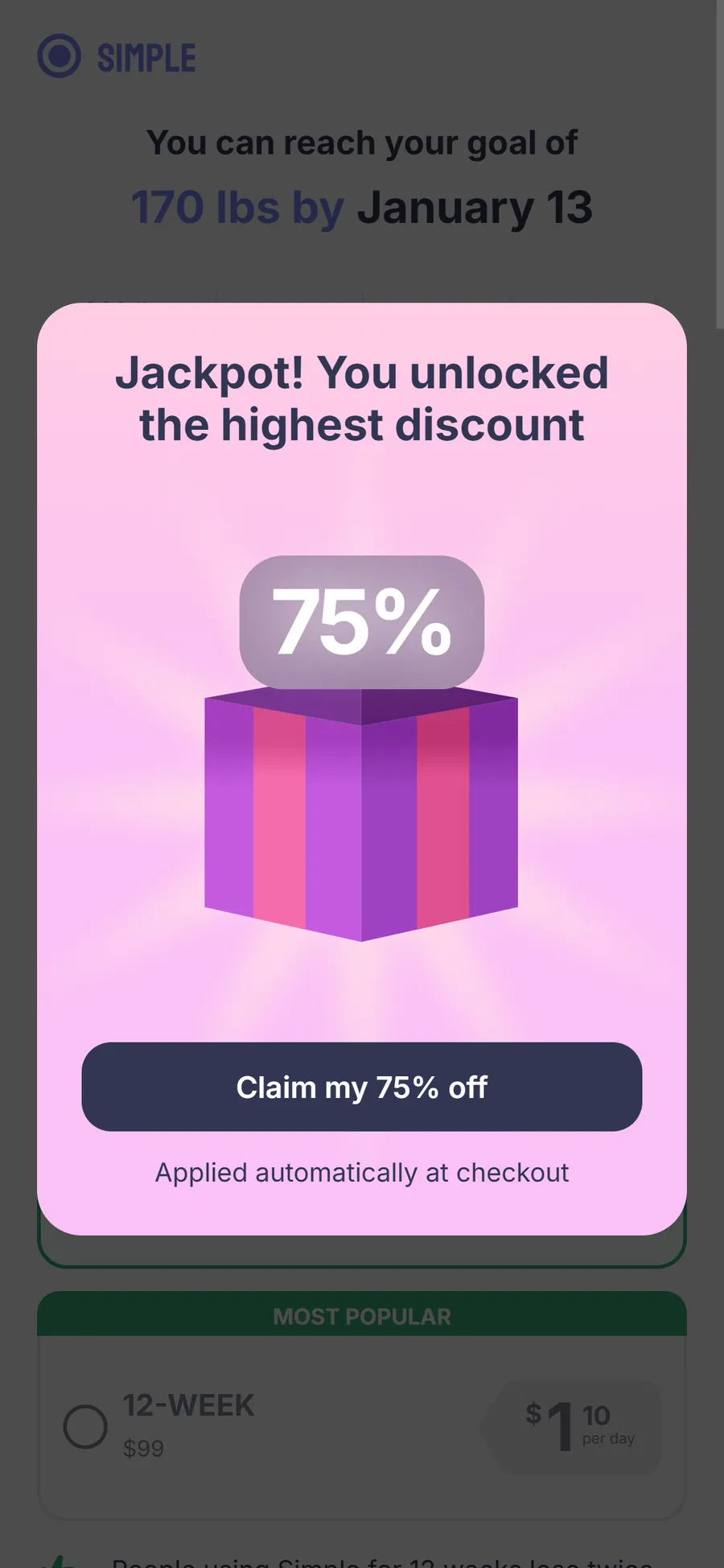 Simple — "Pick a gift, unlock up to 75% off" (screen 1)