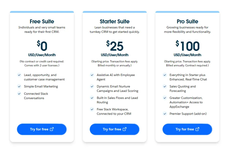 Salesforce — $0, $25, $100: all “Try for free” (mobile)
