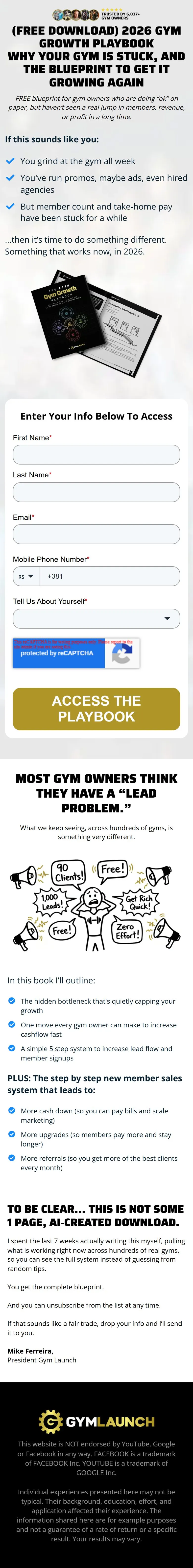Gym Launch — "2026 Gym Growth Playbook" download page (mobile)