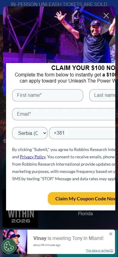 Tony Robbins — "CLAIM YOUR $100 NOW" (mobile)