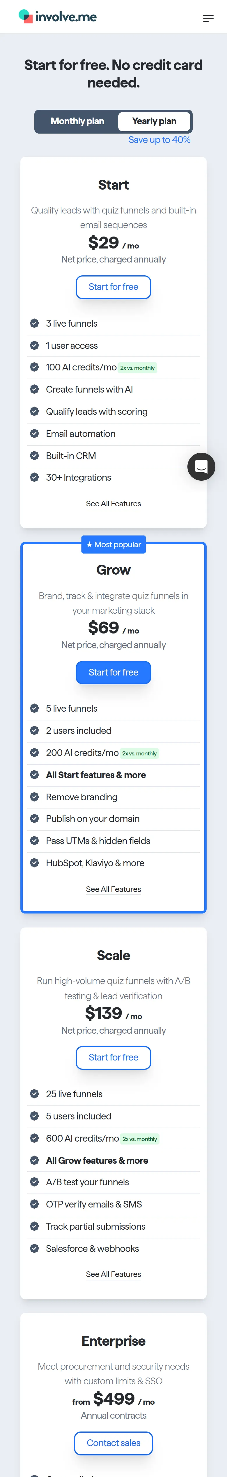 involve.me — Pricing (Start $29 · Grow $69 · Scale $139 · Enterprise from $499) (mobile)