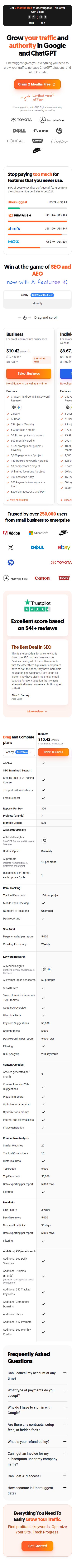 Ubersuggest — "Win at the game of SEO and AEO" (mobile)