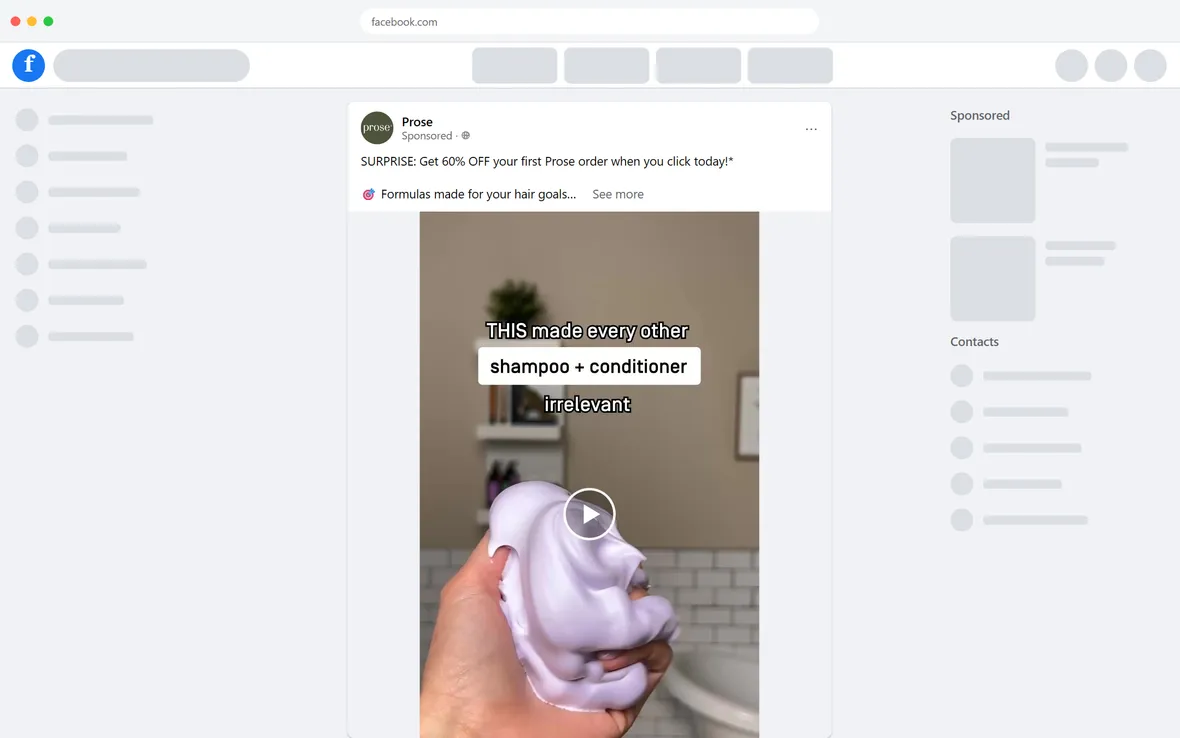 Prose — "SURPRISE: Get 60% OFF your first Prose order" video ad (desktop)