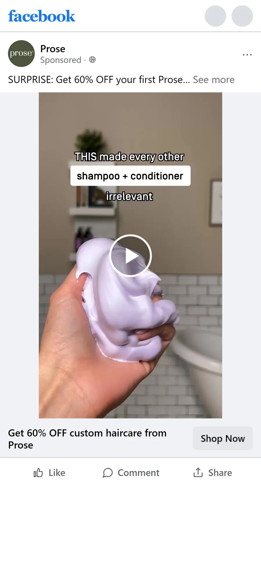 Prose — "SURPRISE: Get 60% OFF your first Prose order" video ad (mobile)