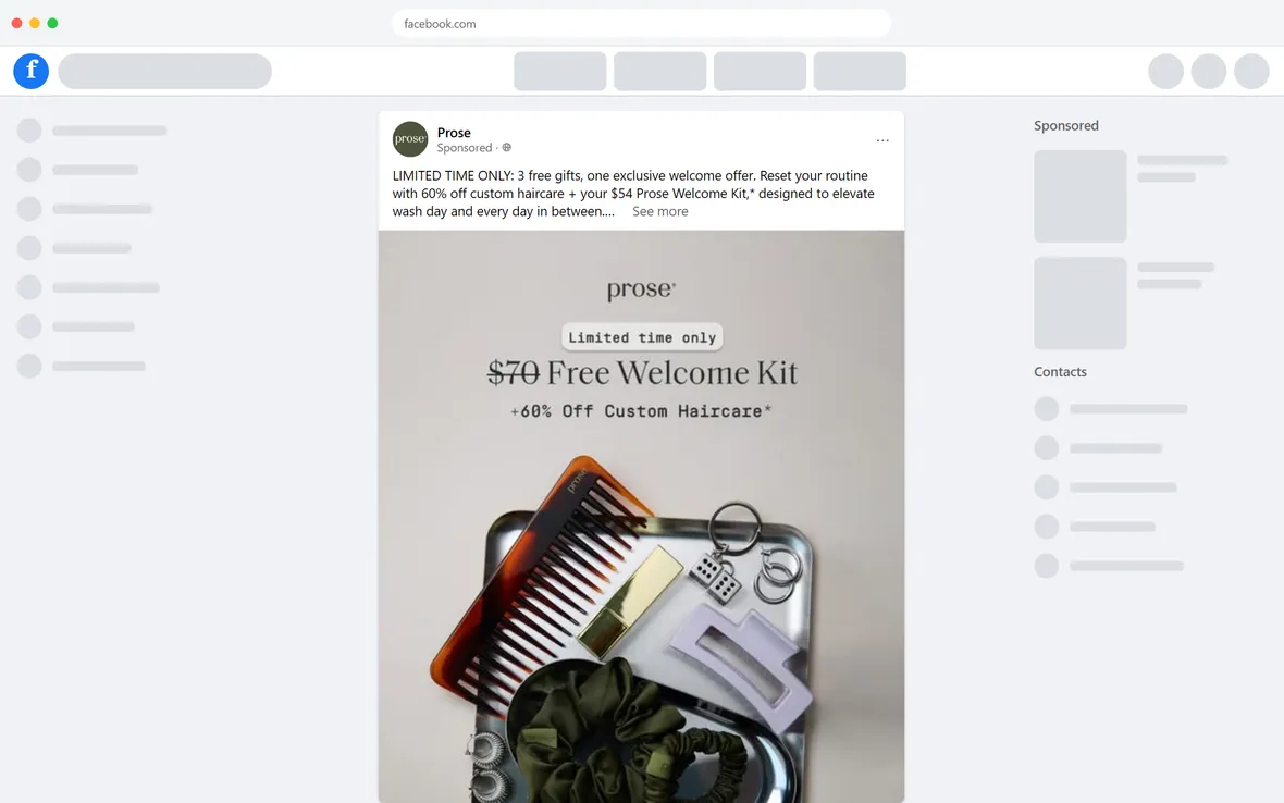 Prose — "3 free gifts" Welcome Kit ad (desktop)