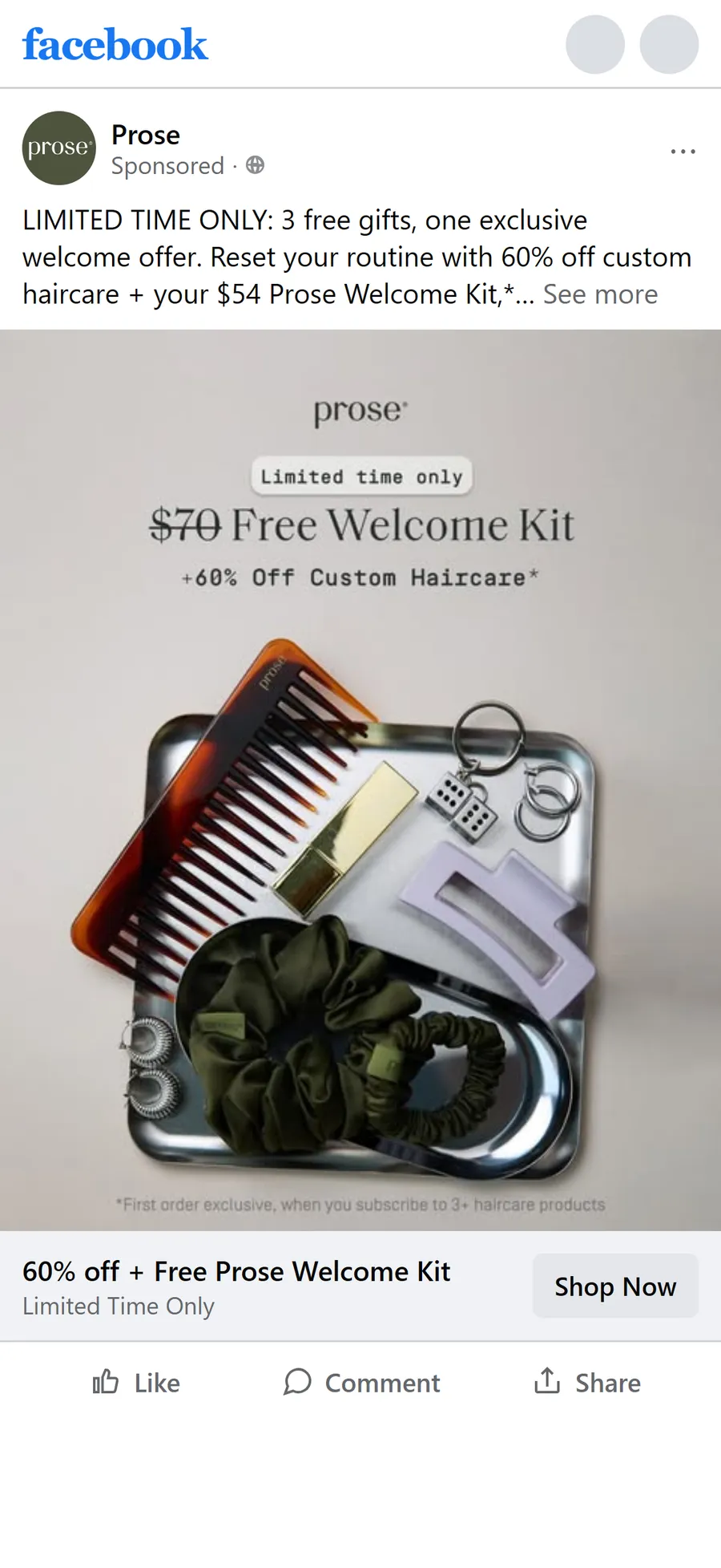 Prose — "3 free gifts" Welcome Kit ad (mobile)