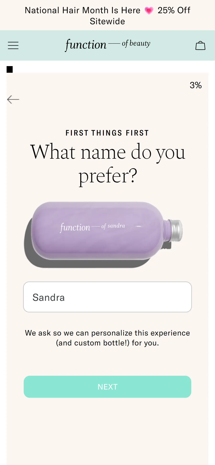 Function of Beauty — 17 questions, starting with your name for the bottle (screen 2)