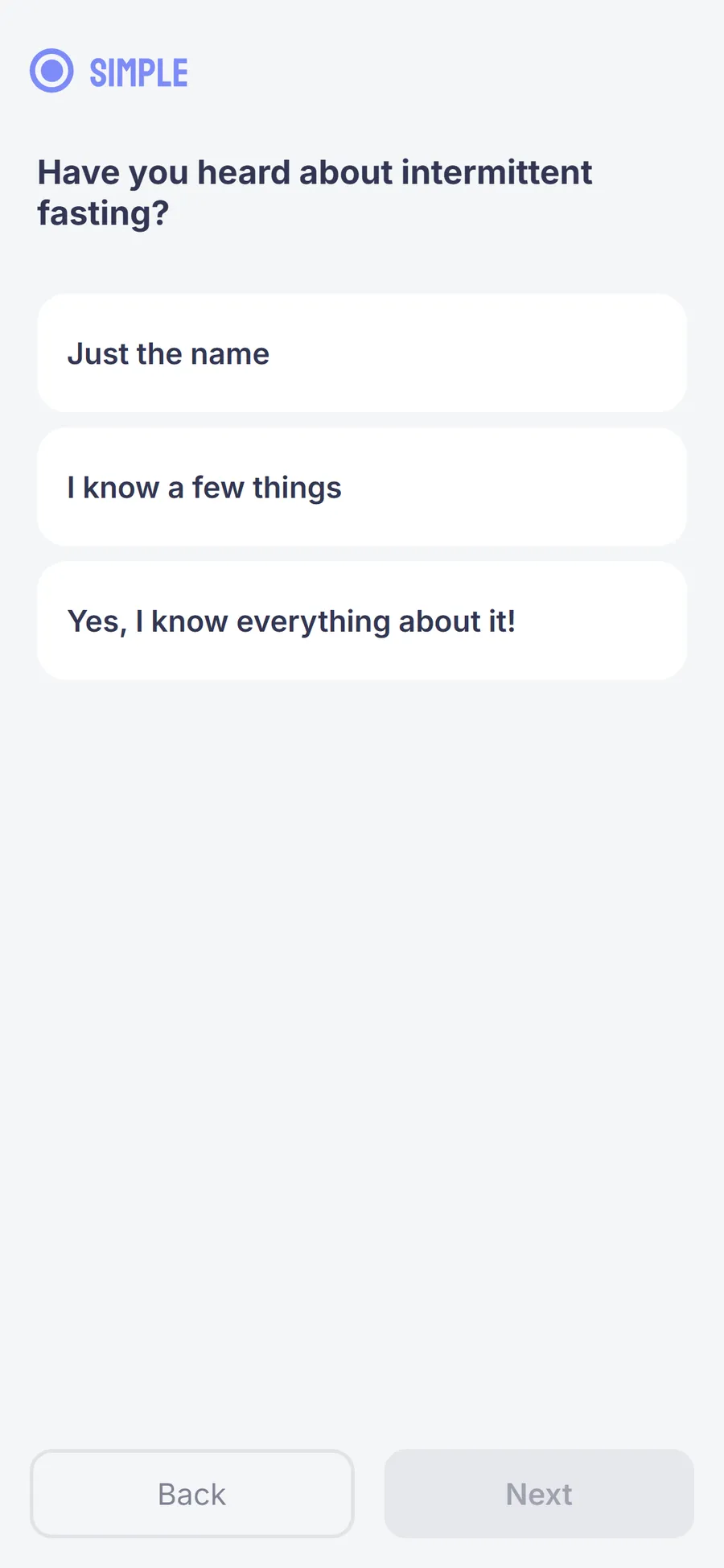 Simple — 73-screen survey before the email (screen 3)
