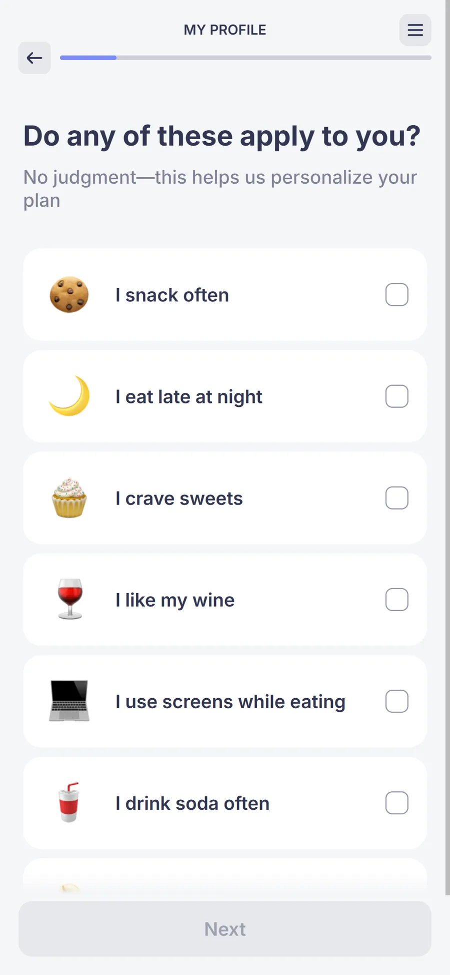 Simple — 73-screen survey before the email (screen 8)