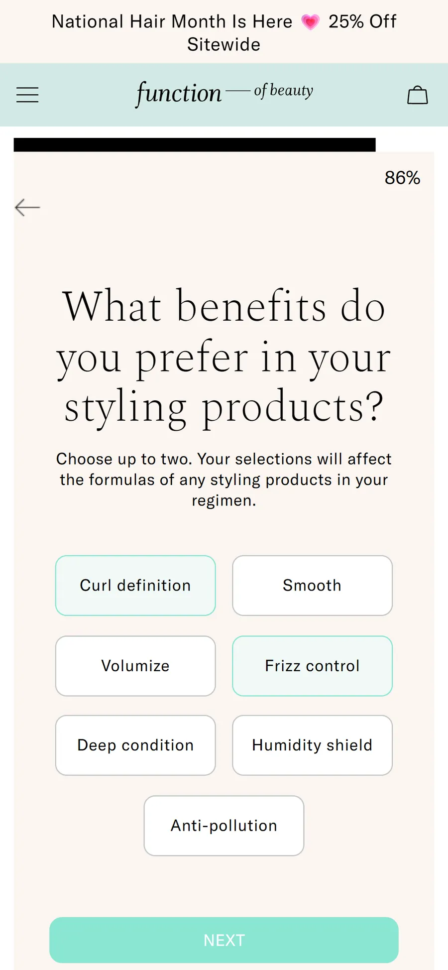 Function of Beauty — 17 questions, starting with your name for the bottle (screen 14)