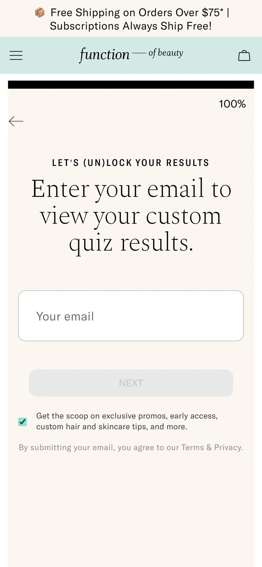 Function of Beauty — "LET'S (UN)LOCK YOUR RESULTS" — the email gate at 100% (screen 1)
