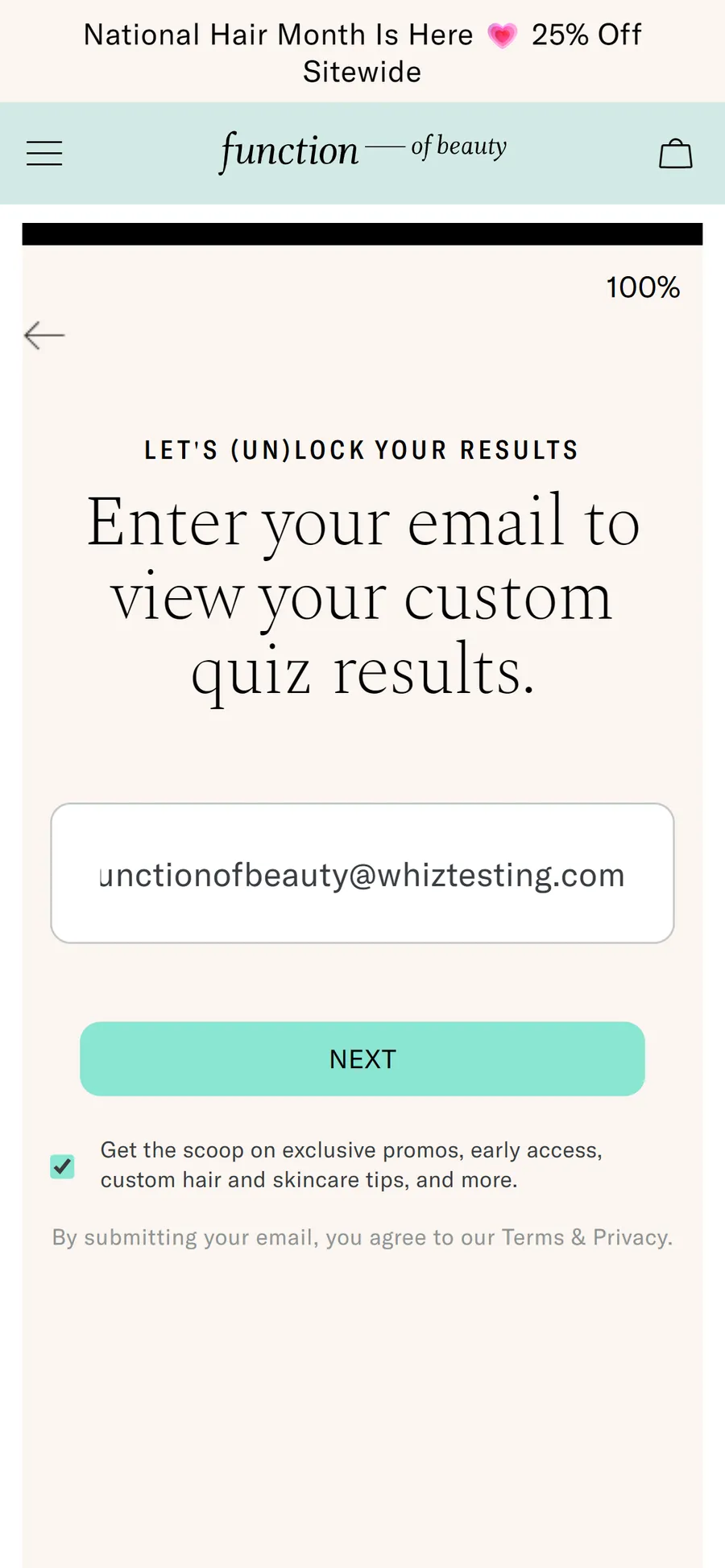 Function of Beauty — "LET'S (UN)LOCK YOUR RESULTS" — the email gate at 100% (screen 2)