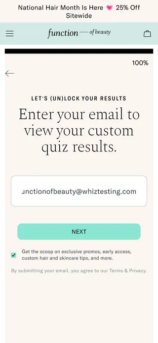 Function of Beauty — "LET'S (UN)LOCK YOUR RESULTS" — the email gate at 100%