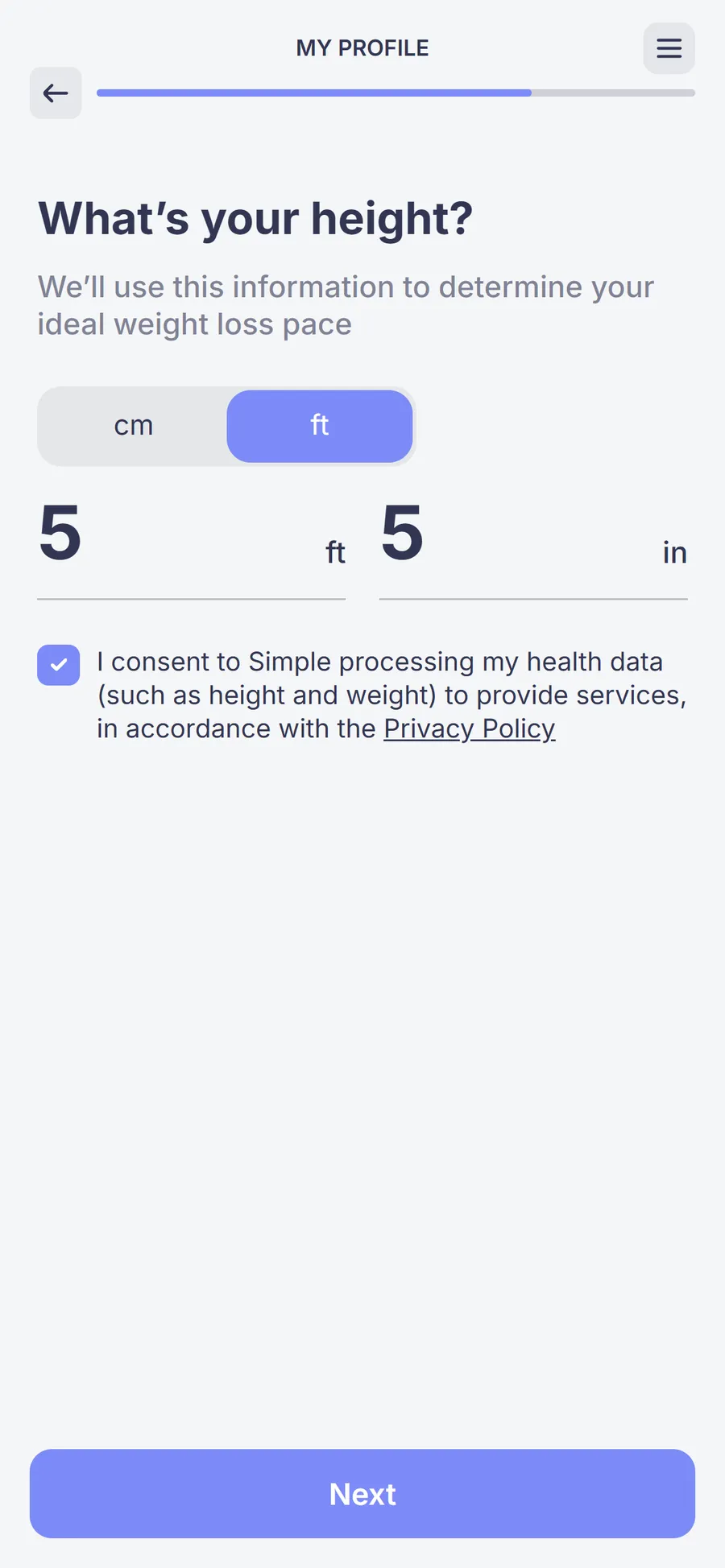 Simple — 73-screen survey before the email (screen 19)