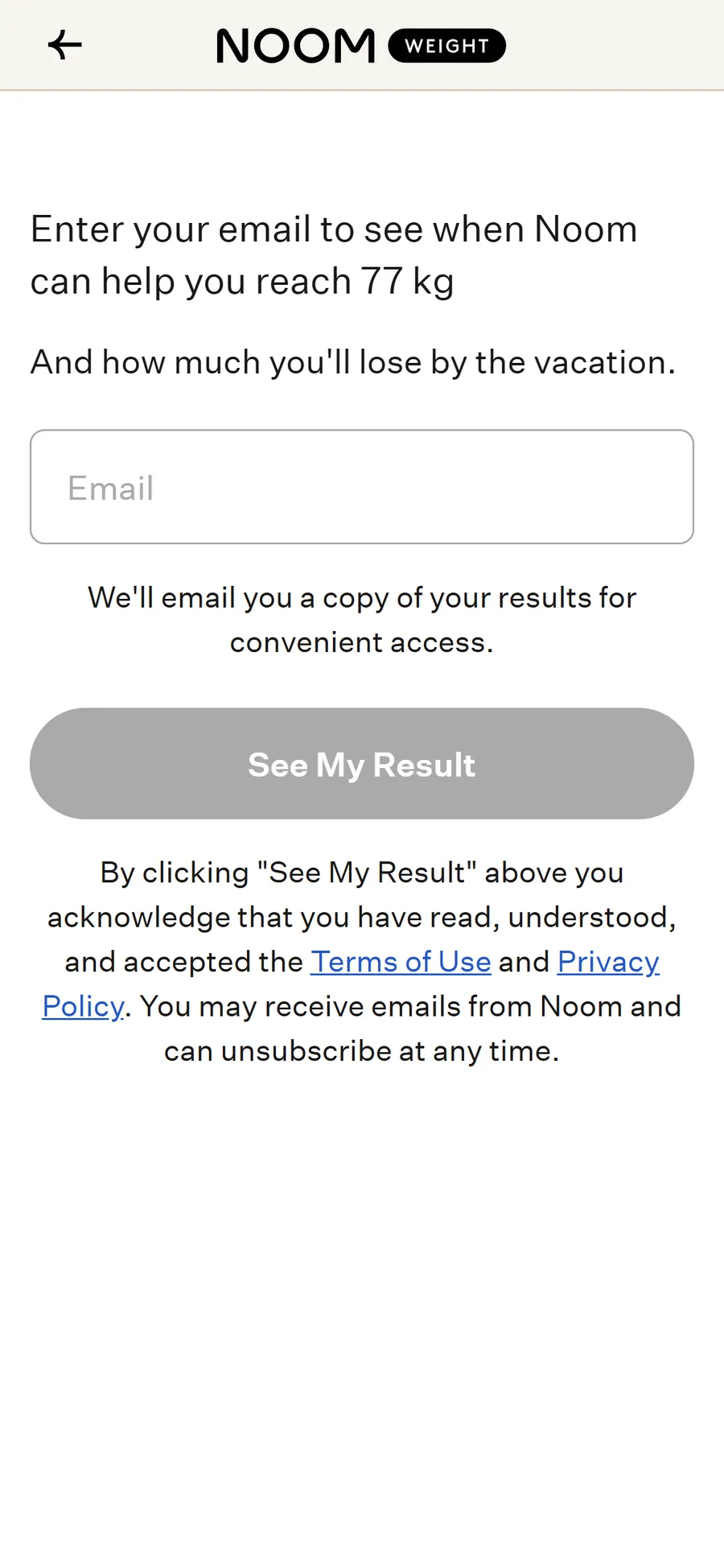 Noom — Email gate at screen 20 — "see when Noom can help you reach 77 kg" (mobile)