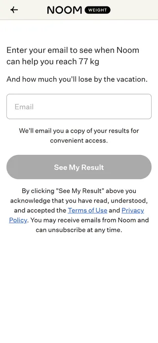Noom — Email gate at screen 20 — "see when Noom can help you reach 77 kg"