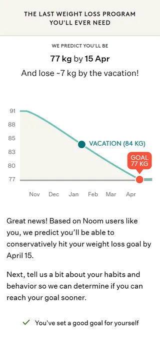 Noom — "We predict you'll be 77 kg by 15 Apr"