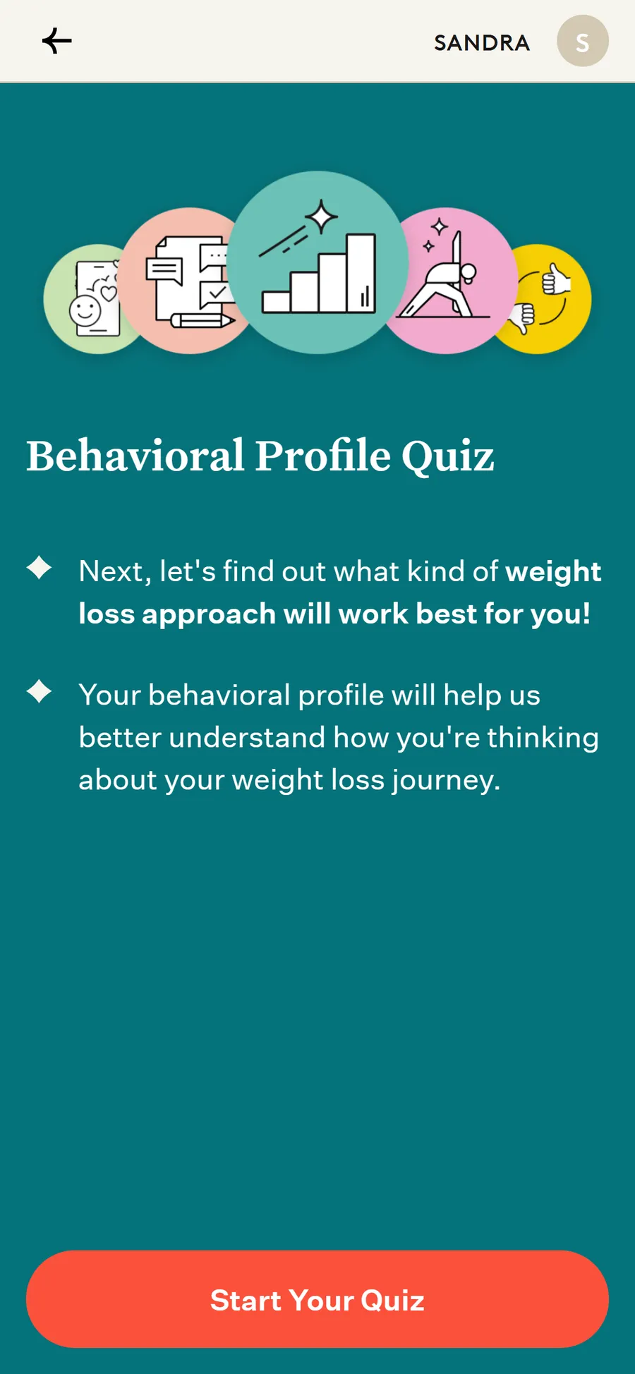 Noom — "Behavioral Profile Quiz" — ten sliders to "Structure Seeker" (screen 1)
