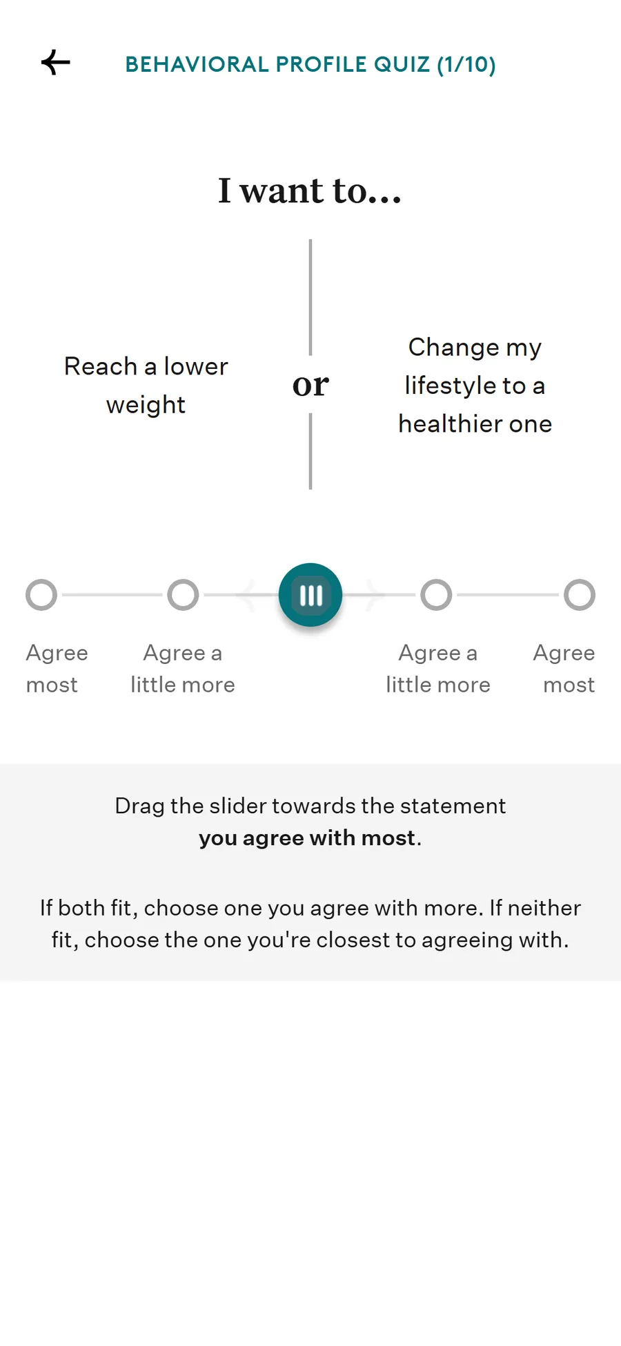 Noom — "Behavioral Profile Quiz" — ten sliders to "Structure Seeker" (screen 2)