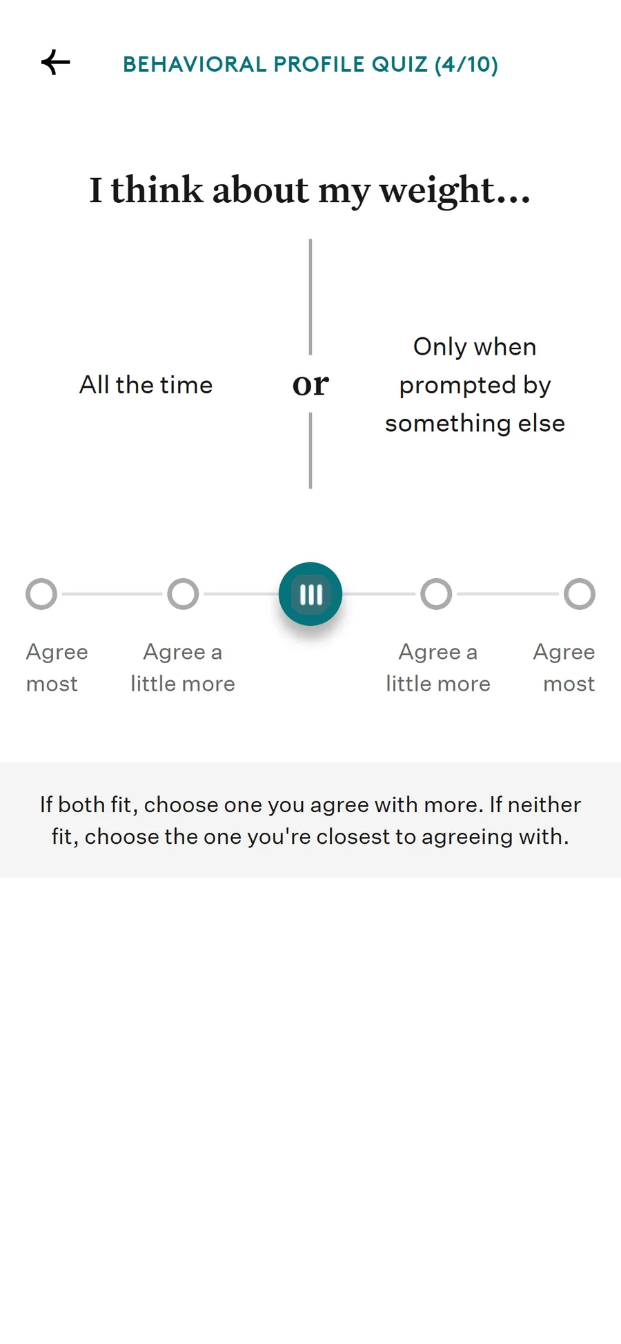 Noom — "Behavioral Profile Quiz" — ten sliders to "Structure Seeker" (screen 5)