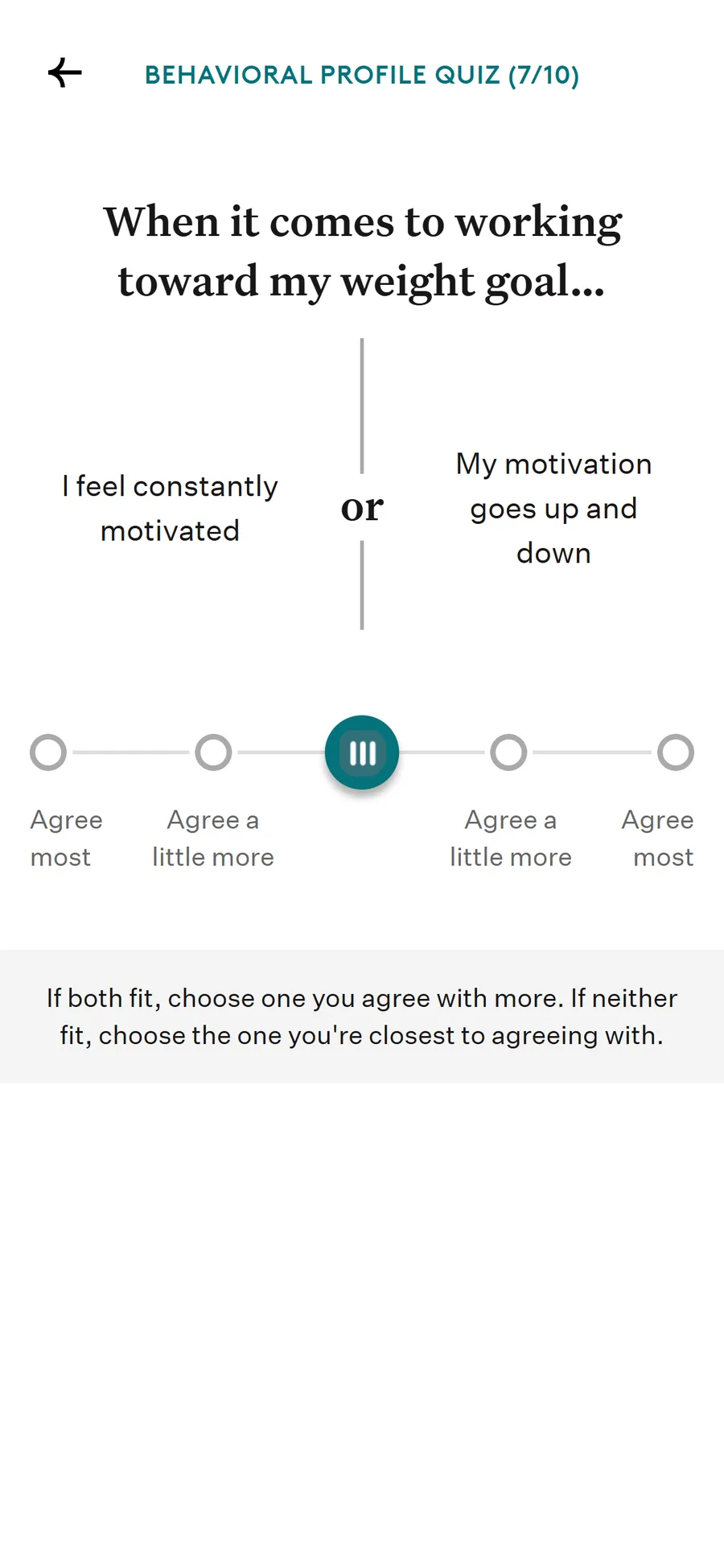 Noom — "Behavioral Profile Quiz" — ten sliders to "Structure Seeker" (screen 6)