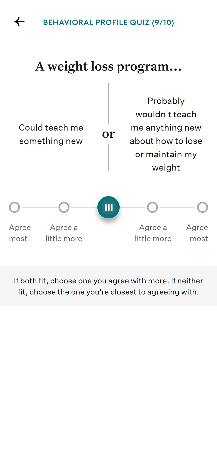 Noom — "Behavioral Profile Quiz" — ten sliders to "Structure Seeker" (screen 7)