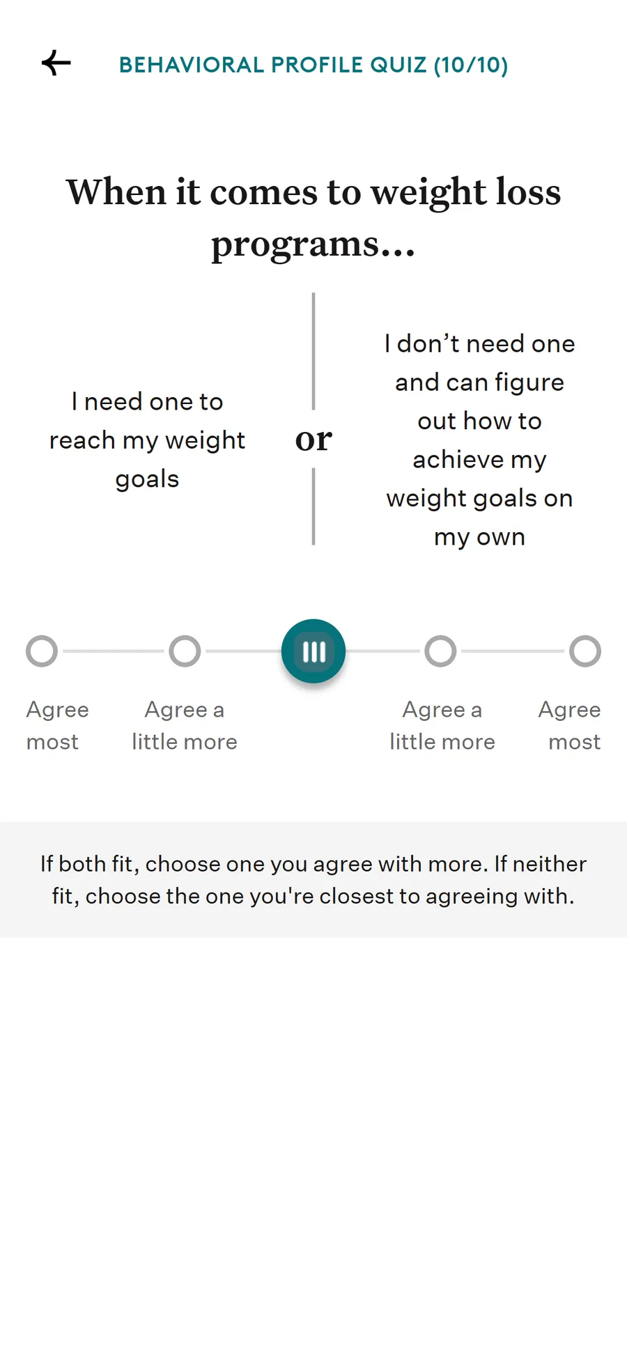 Noom — "Behavioral Profile Quiz" — ten sliders to "Structure Seeker" (screen 8)