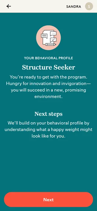 Noom — "Behavioral Profile Quiz" — ten sliders to "Structure Seeker"