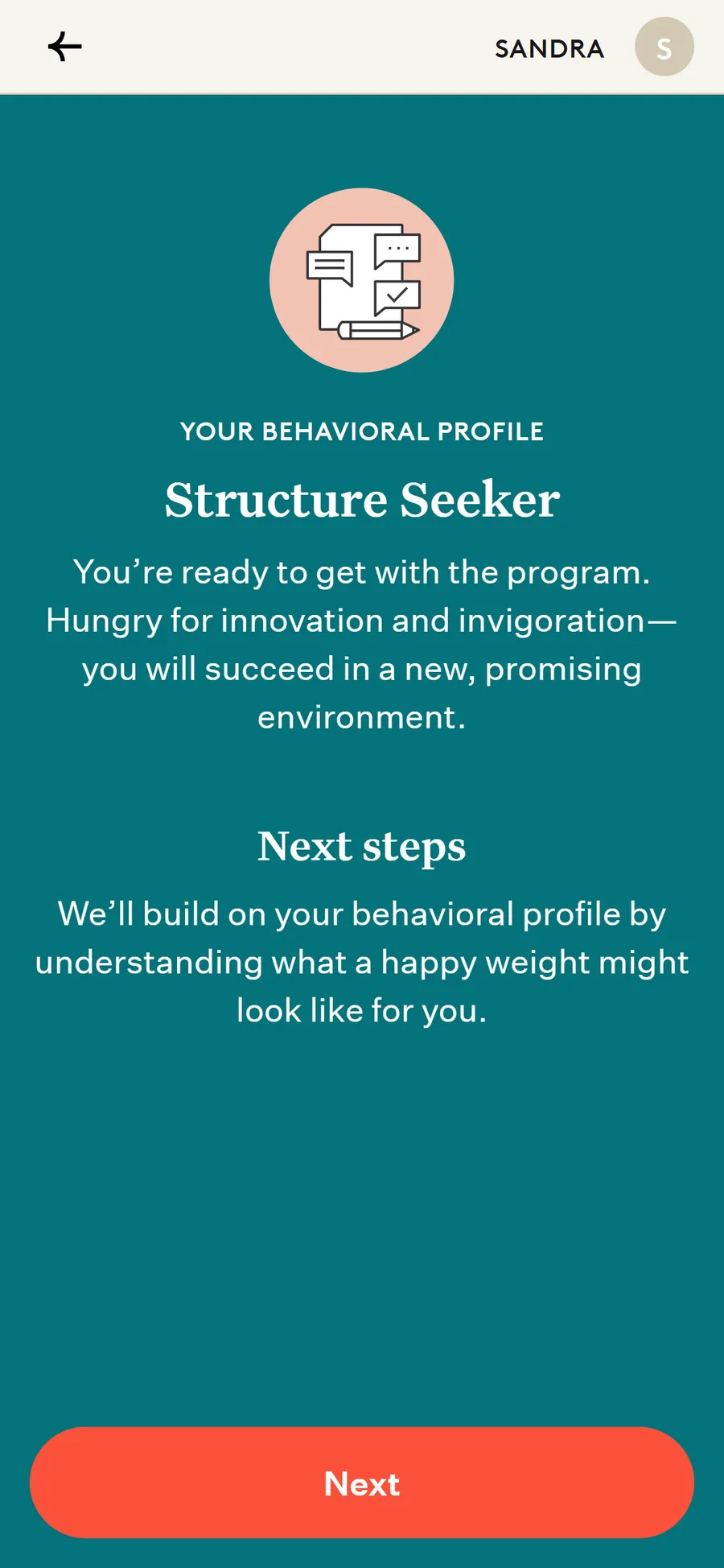 Noom — "Behavioral Profile Quiz" — ten sliders to "Structure Seeker" (screen 9)