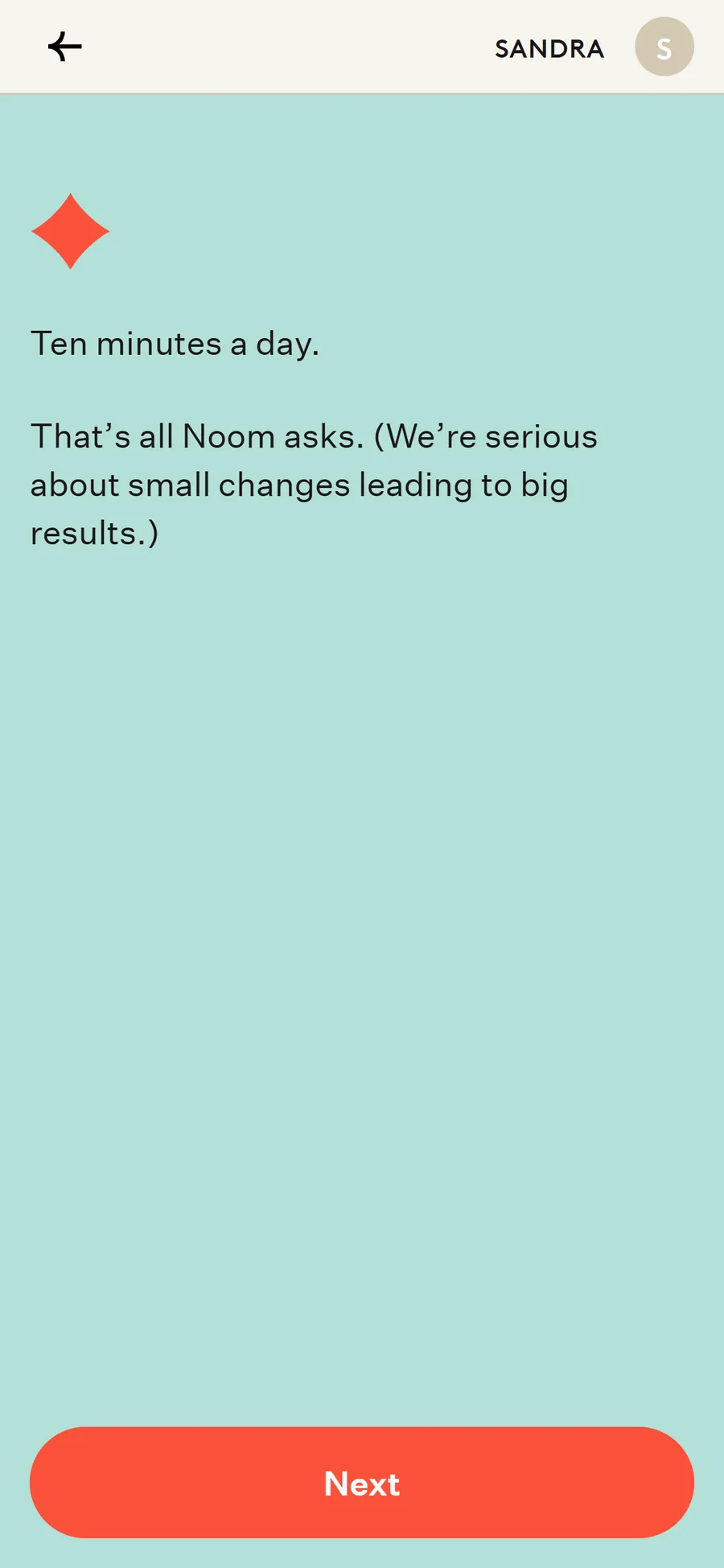 Noom — "Behavioral Profile Quiz" — ten sliders to "Structure Seeker" (screen 11)