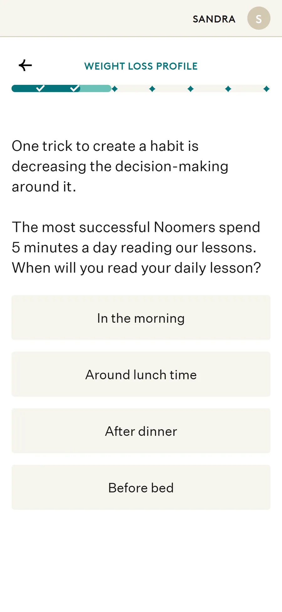Noom — "Behavioral Profile Quiz" — ten sliders to "Structure Seeker" (screen 12)