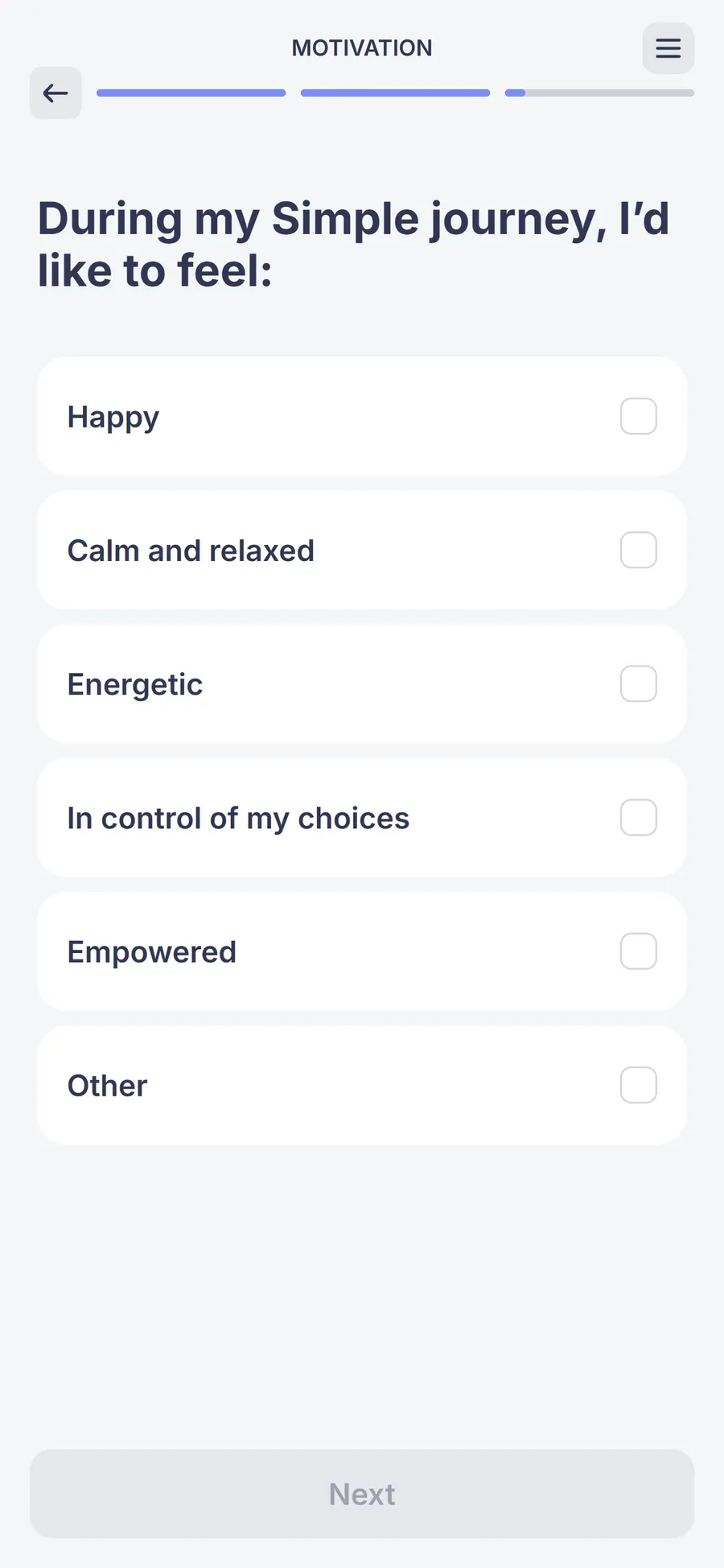 Simple — 73-screen survey before the email (screen 42)