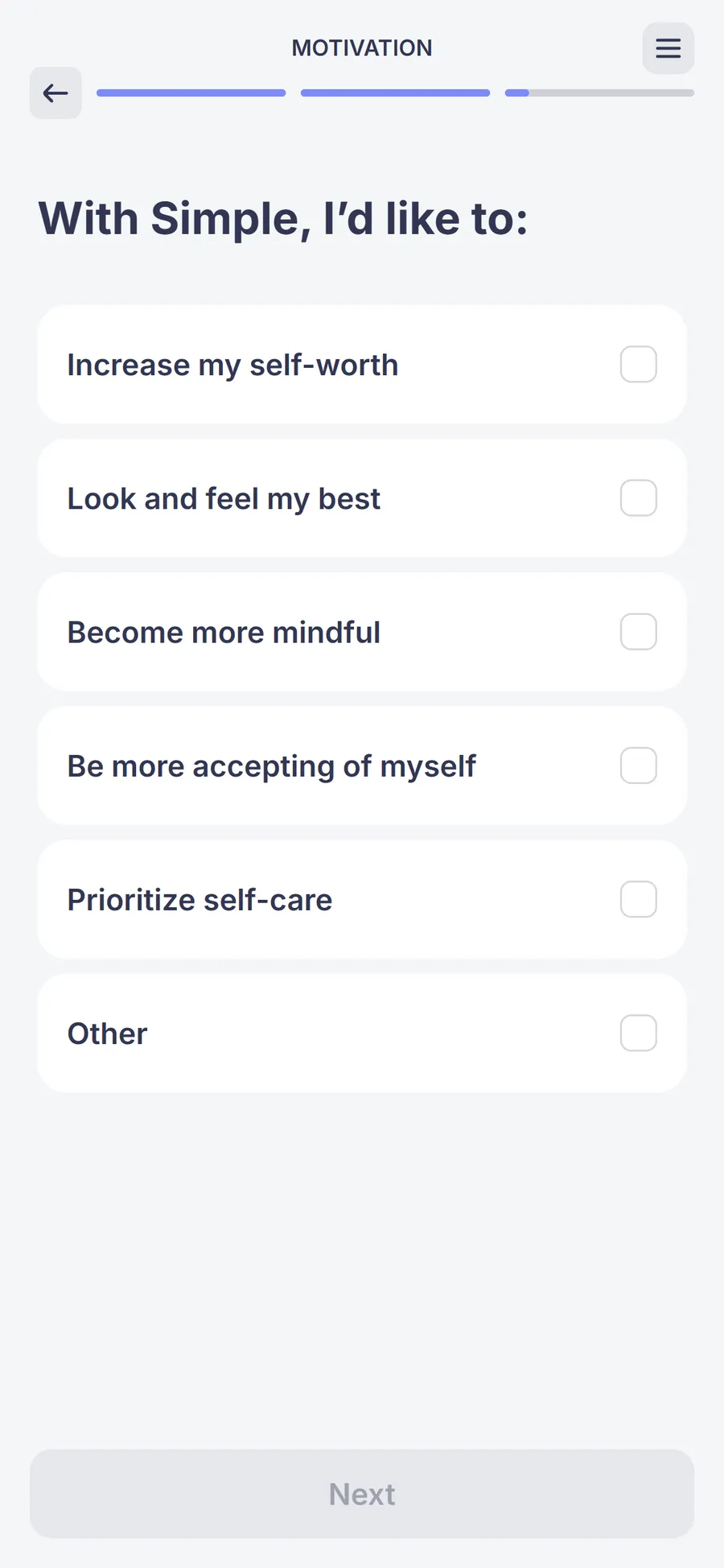 Simple — 73-screen survey before the email (screen 43)