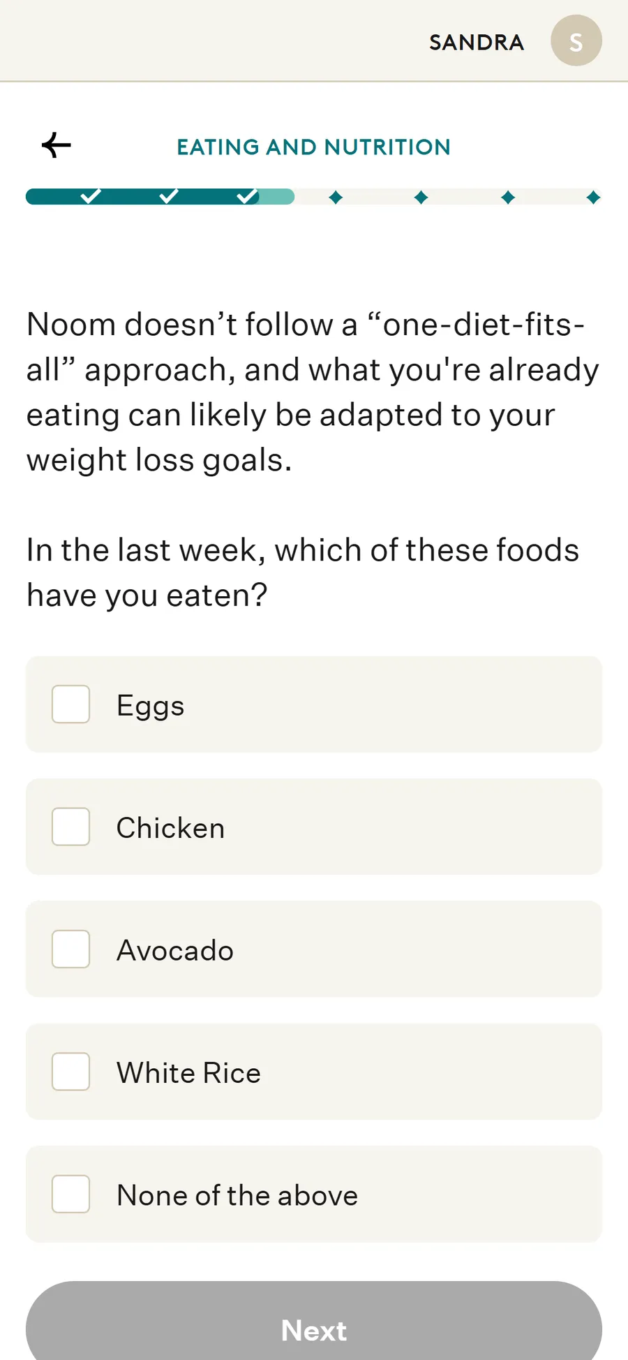 Noom — The traffic-light lesson, taught as questions (screen 3)