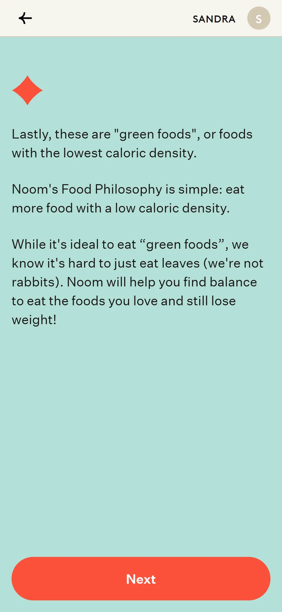Noom — The traffic-light lesson, taught as questions (screen 8)