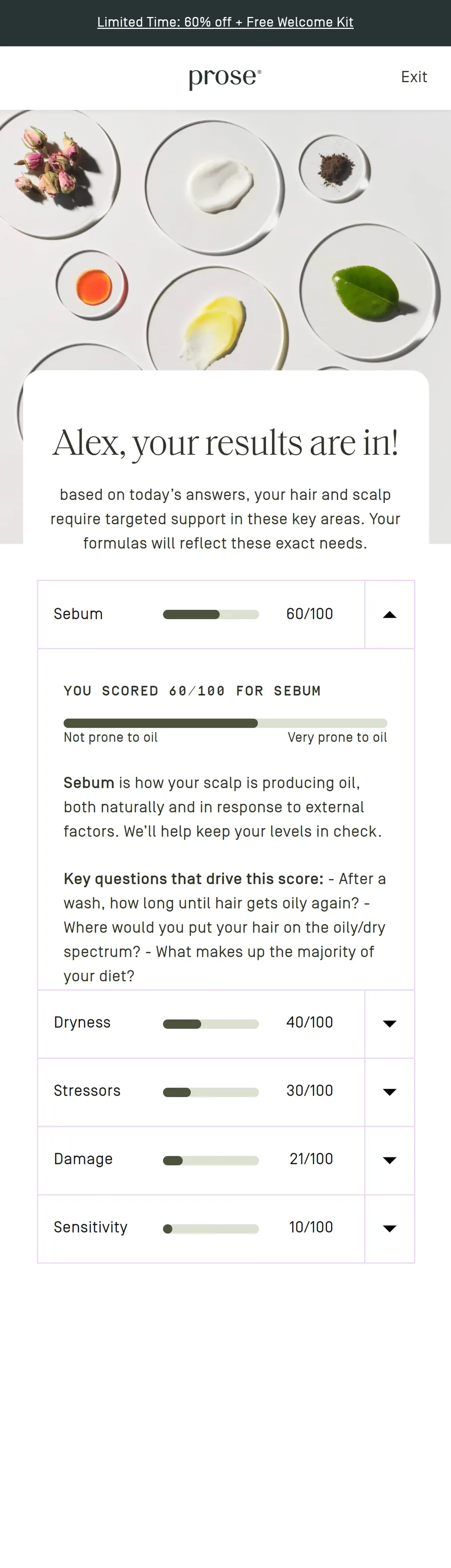 Prose — "Alex, your results are in!" scores (mobile)