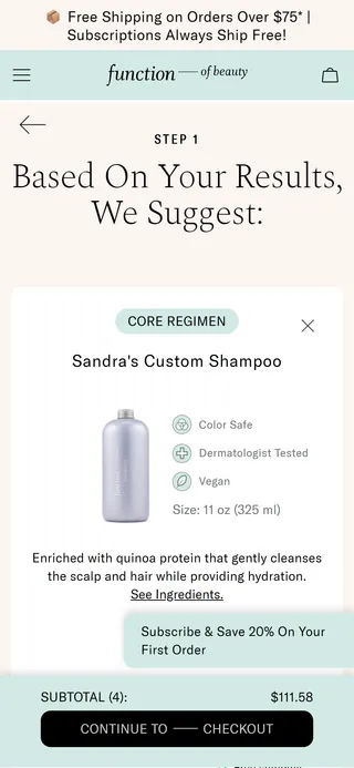 Function of Beauty — "Based On Your Results, We Suggest" — four bottles with your name on them