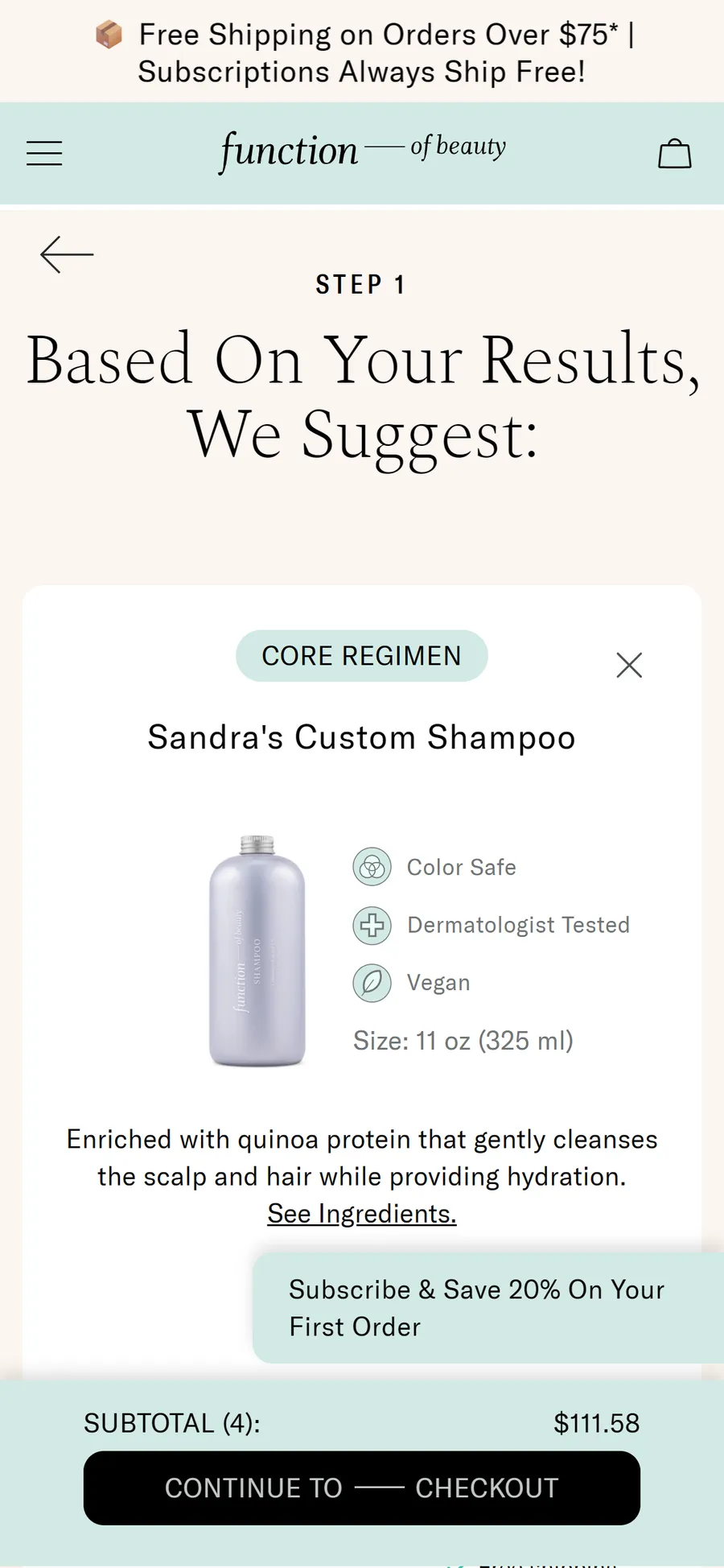 Function of Beauty — "Based On Your Results, We Suggest" — four bottles with your name on them (screen 2)