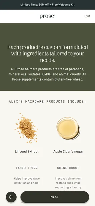 Prose — "Alex's haircare products include"