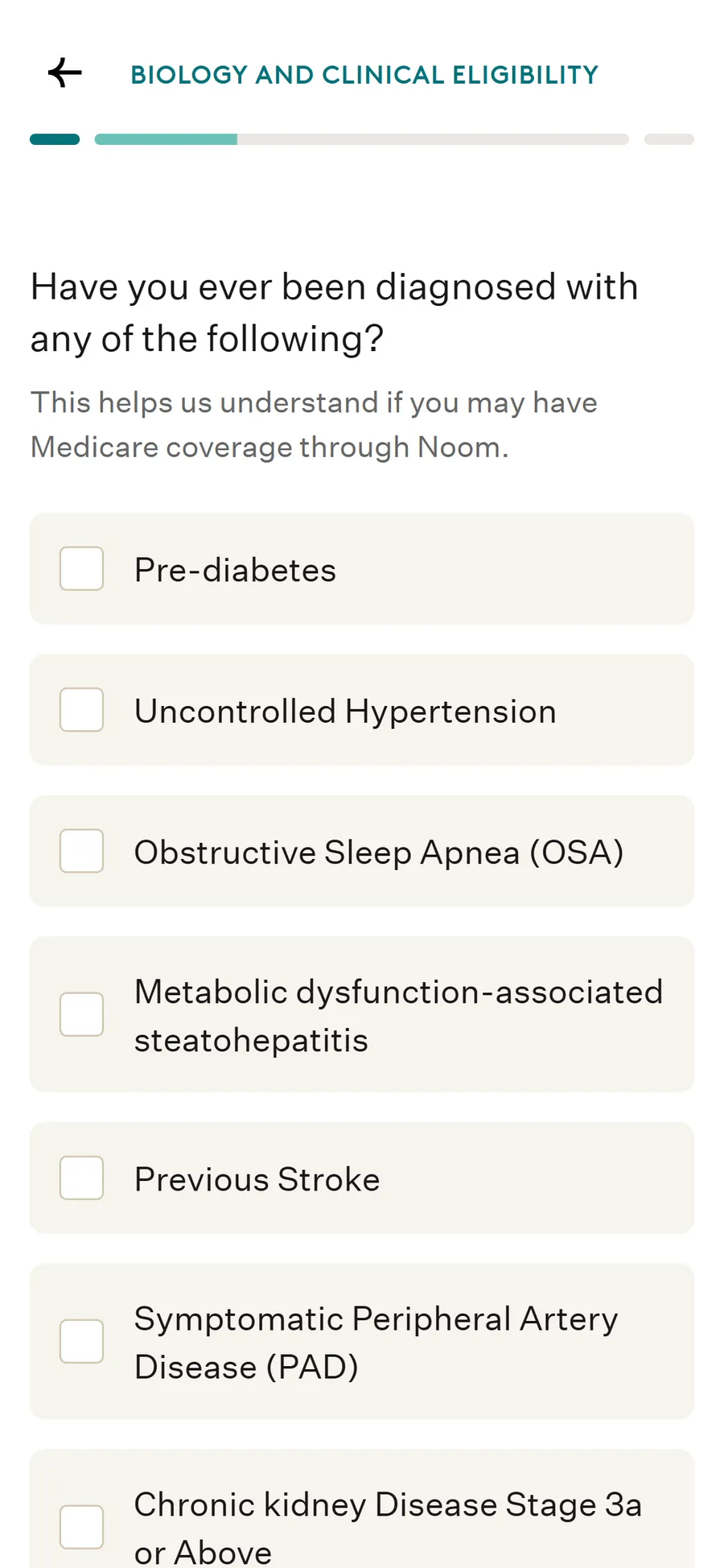 Noom — "This helps us understand if you may have Medicare coverage" (screen 1)