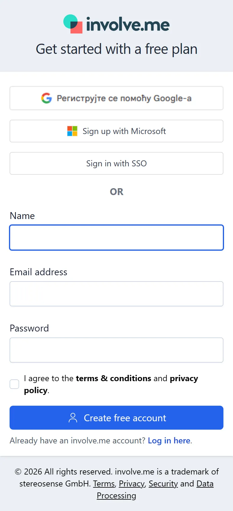 involve.me — Free sign-up page (mobile)