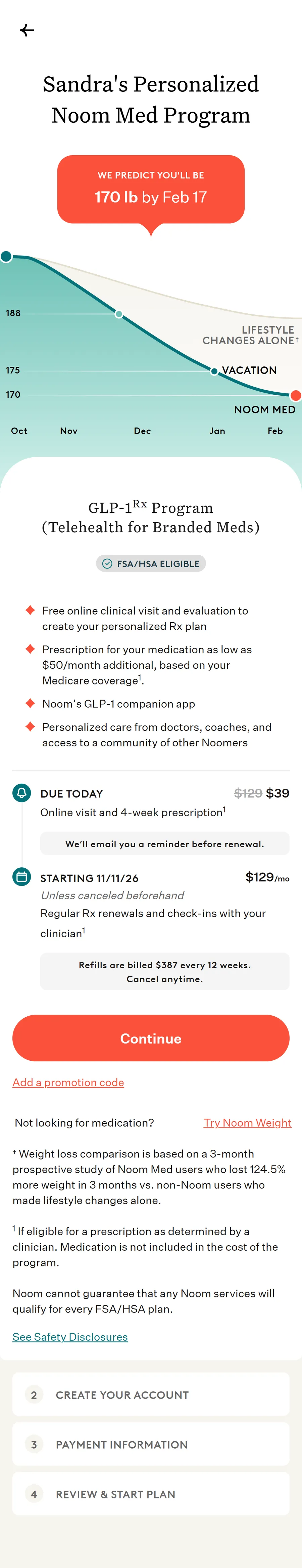 Noom — "$50/mo" Medicare GLP-1s: $39 today, then $129/mo to Noom (screen 2)